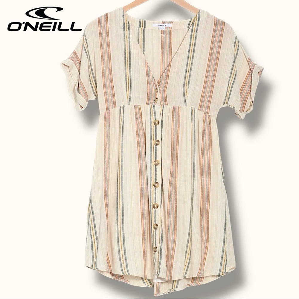 O’Neill Reagan Dress Stripe Short Sleeve Woven Mini Dress Babydoll | Sz S